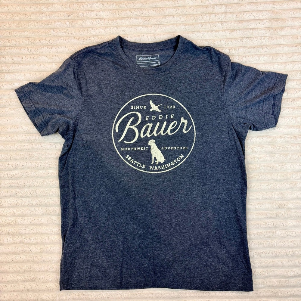 Eddie Bauer Mens Graphic T-Shirt Blue Heather Northwest Adventure Dog Logo M